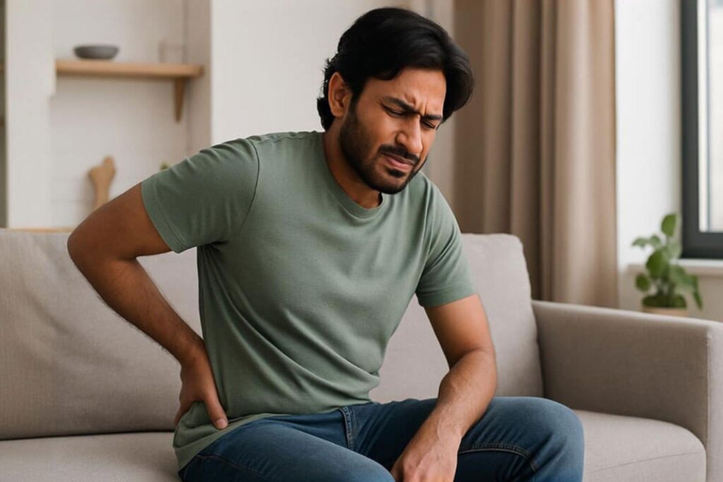 Man holding lower back in pain – common symptom of spinal strain or disc injury treated at IBAP Clinics Hyderabad